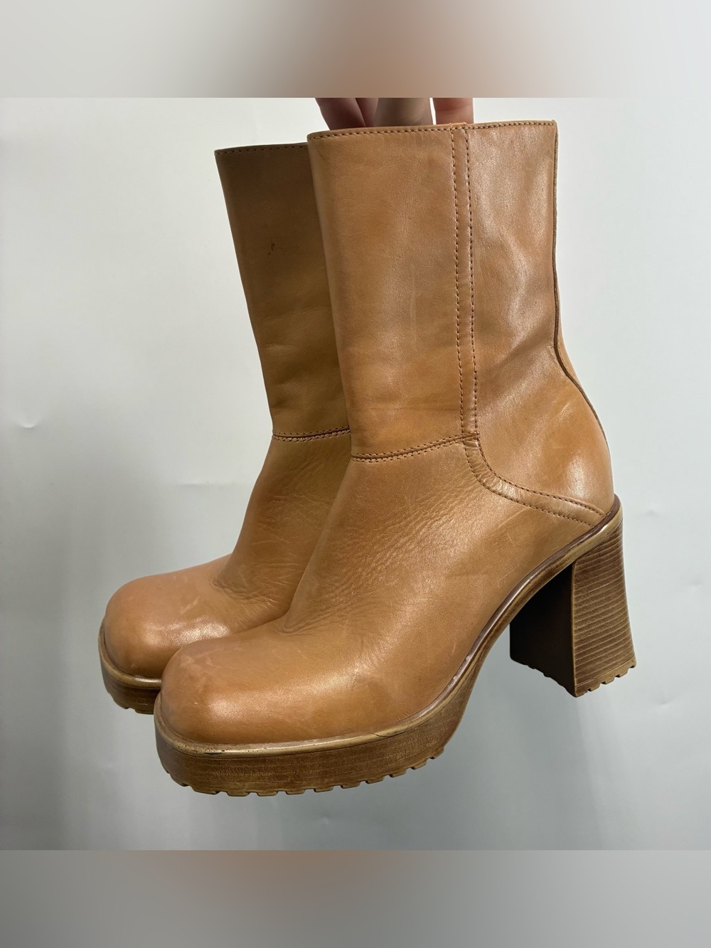 Vintage 90s Steve Madden 6.5 6 1/2 LIZIE Leather Chunky Heel Platform Boots Tan - Picture 1 of 12